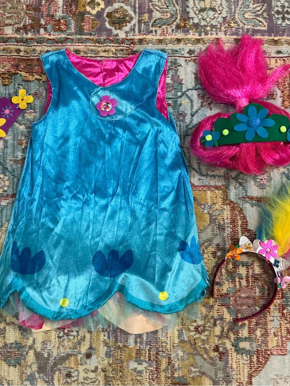 Trolls Poppy reversible blue velvet/pink satin dress wig headband costume 4-6x